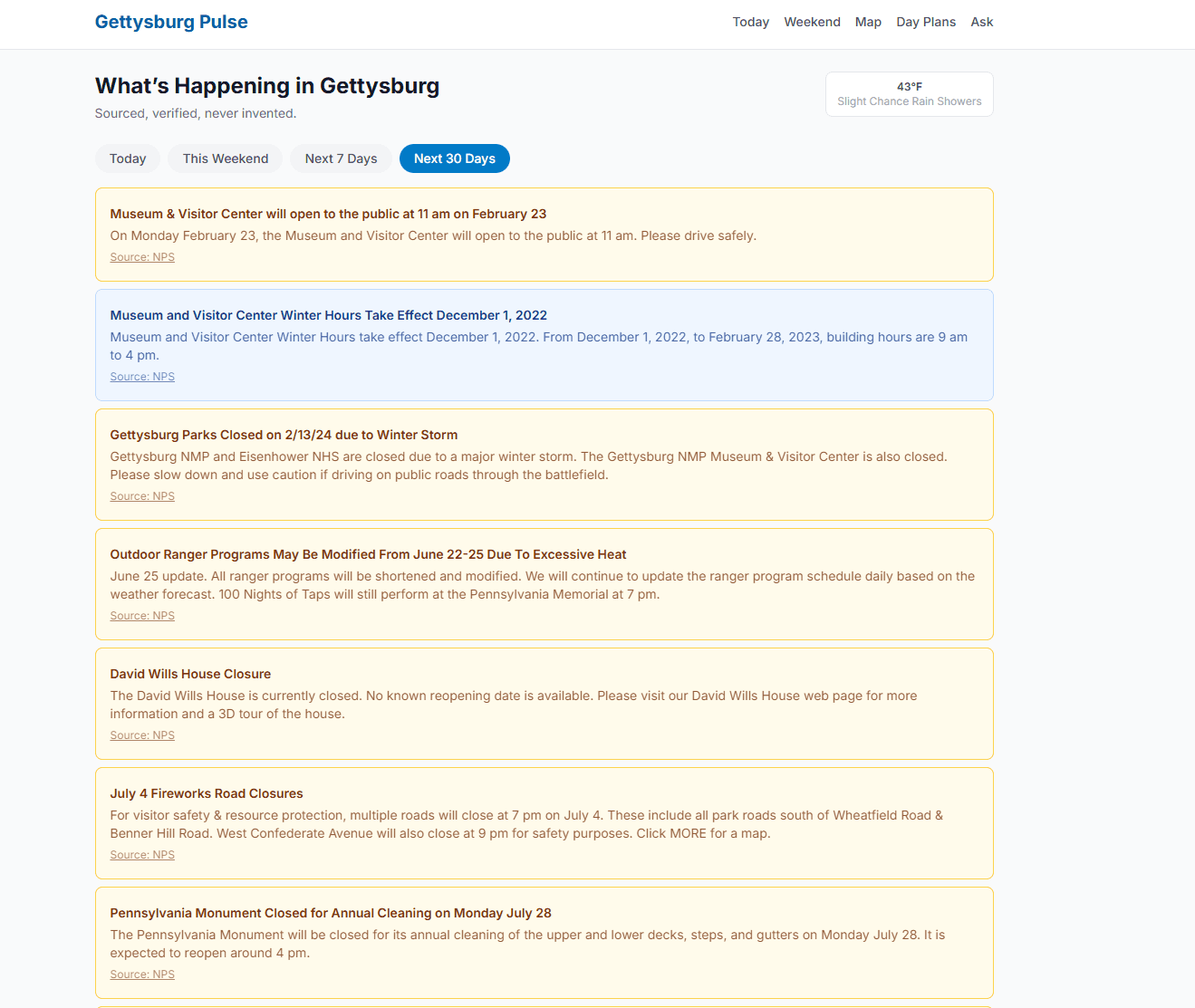 Gettysburg Pulse: Real-time event discovery with trust, provenance, and deterministic AI workflows
